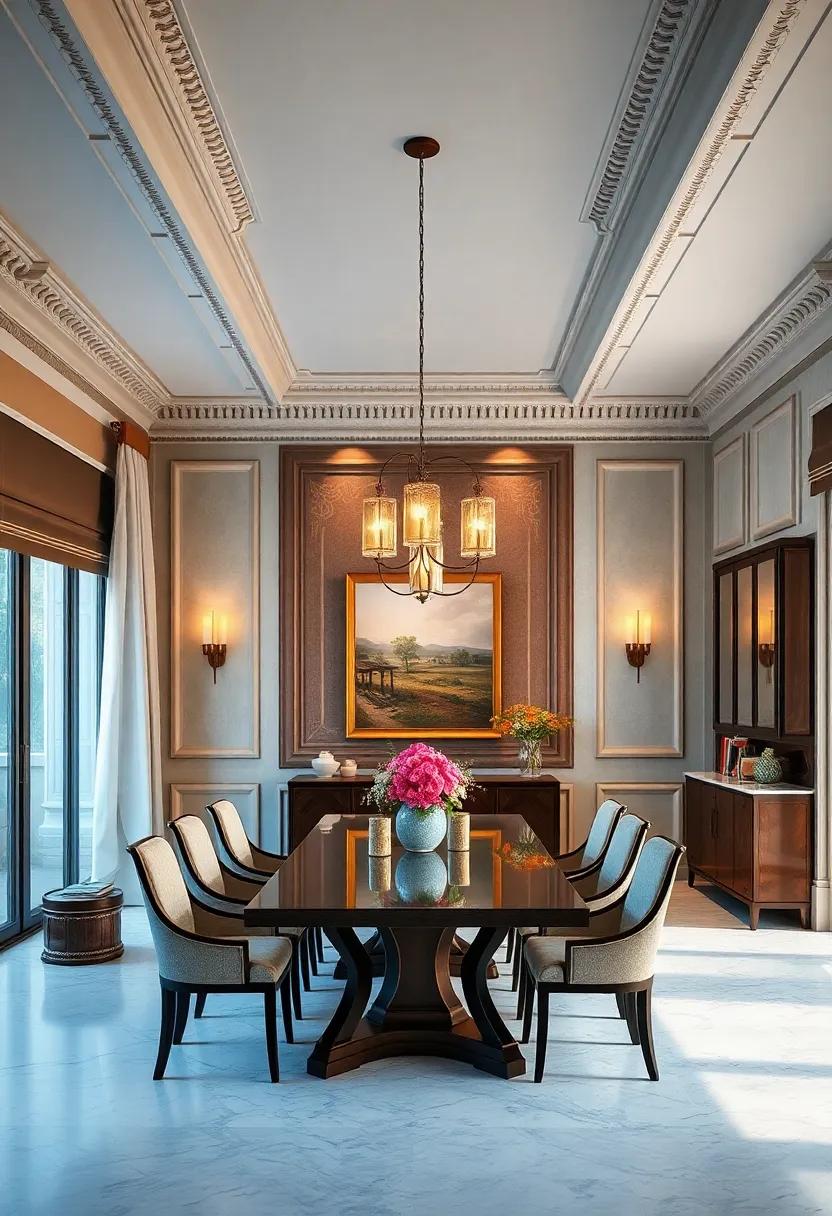 Ornate Crown Molding Framing a Sophisticated Dining Space with Intricate Wall Paneling and Artwork