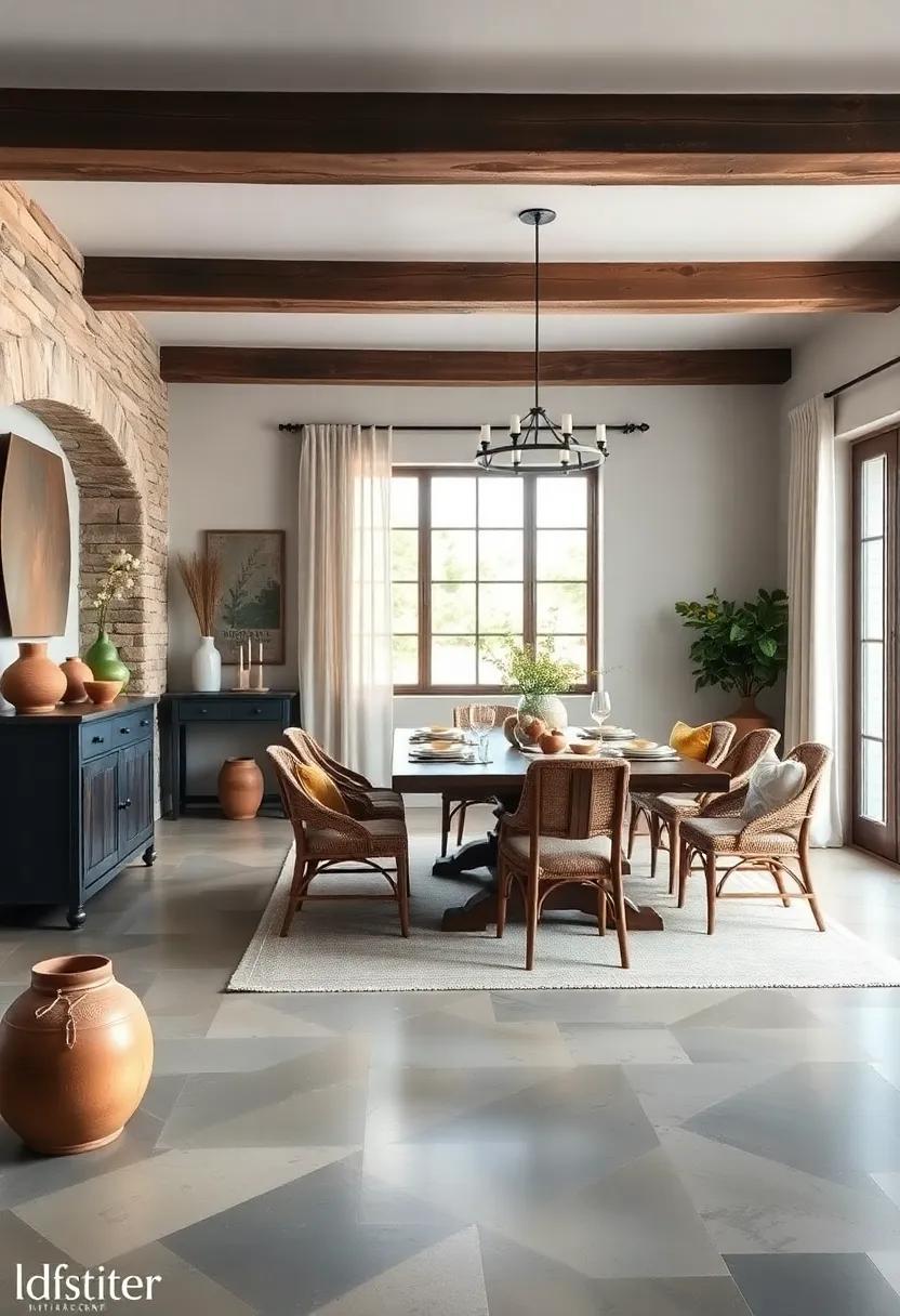 Rustic Farmhouse Dining Room Showcasing Handcrafted Beams, Woven Textiles, and Earthenware Decor