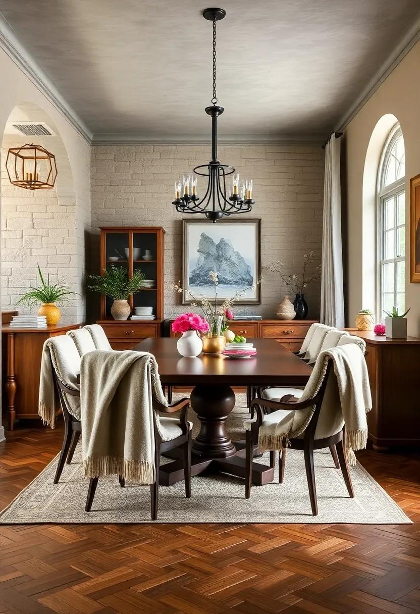 Soft Wool Throws Draped Over Dining Chairs for Added Texture and a Cozy, Inviting Feel