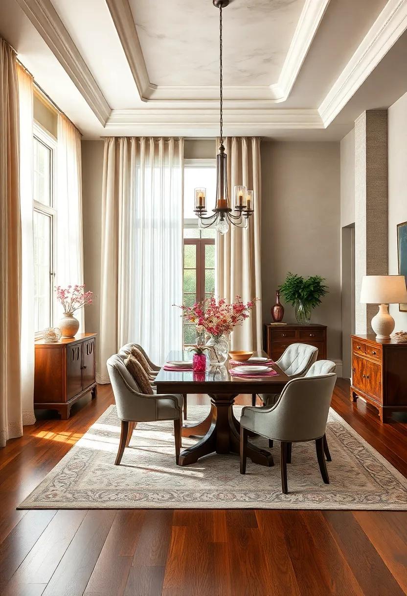 Tall Silk Drapes Pooled Elegantly on Hardwood Floors in a Timelessly Styled Dining Space