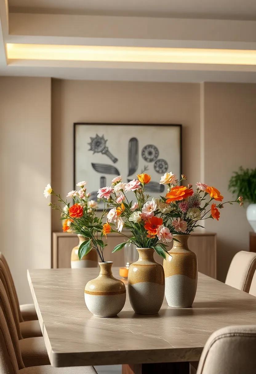 Traditional Ceramic Vases Overflowing with Fresh Blooms Set Against Neutral Wall Tones