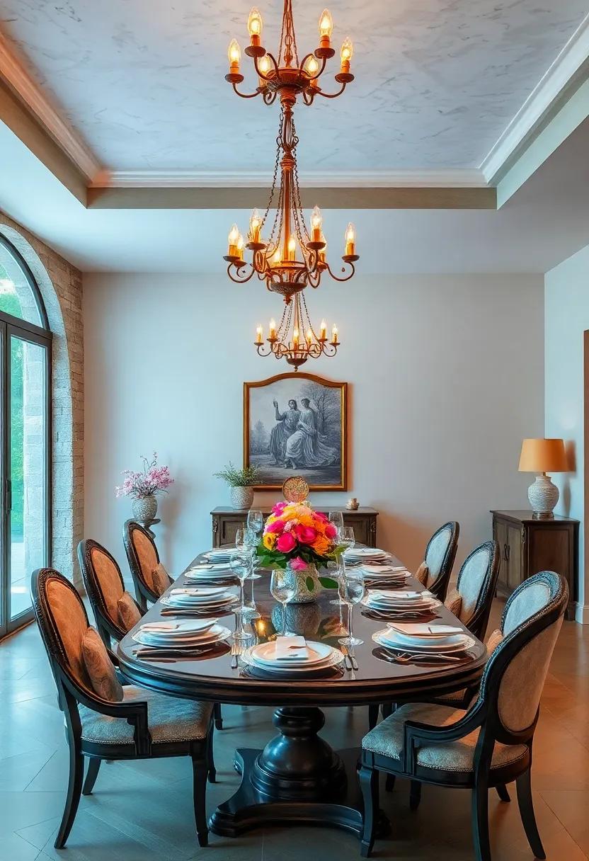 Vintage Chandeliers Casting Warm Amber Glows Over Exquisite Fine China and Crystal Glassware