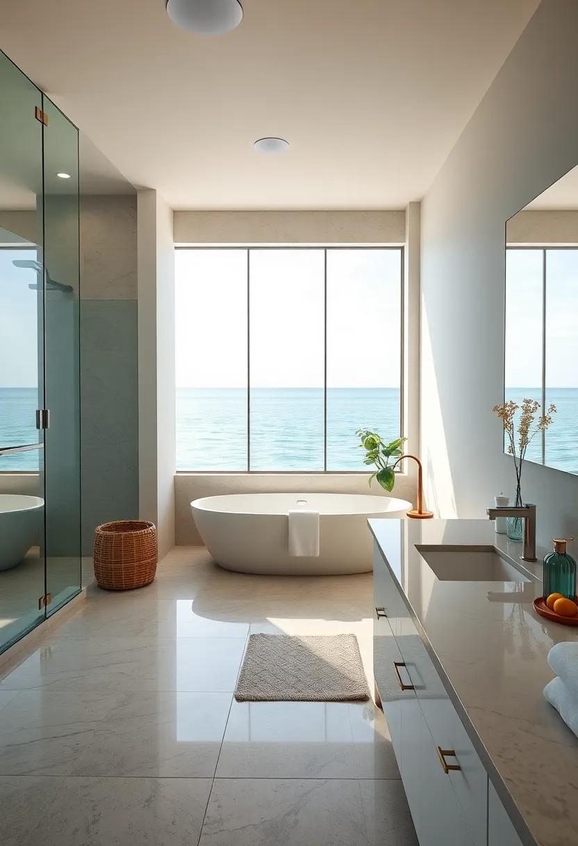 Calm Waters Reflected in Polished Stone Countertops Against Soft Coastal Wall Colors