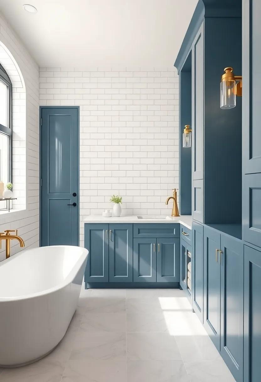 Glossy White Subway Tiles Paired with Matte Nautical Blue Cabinets and Brass Fixtures