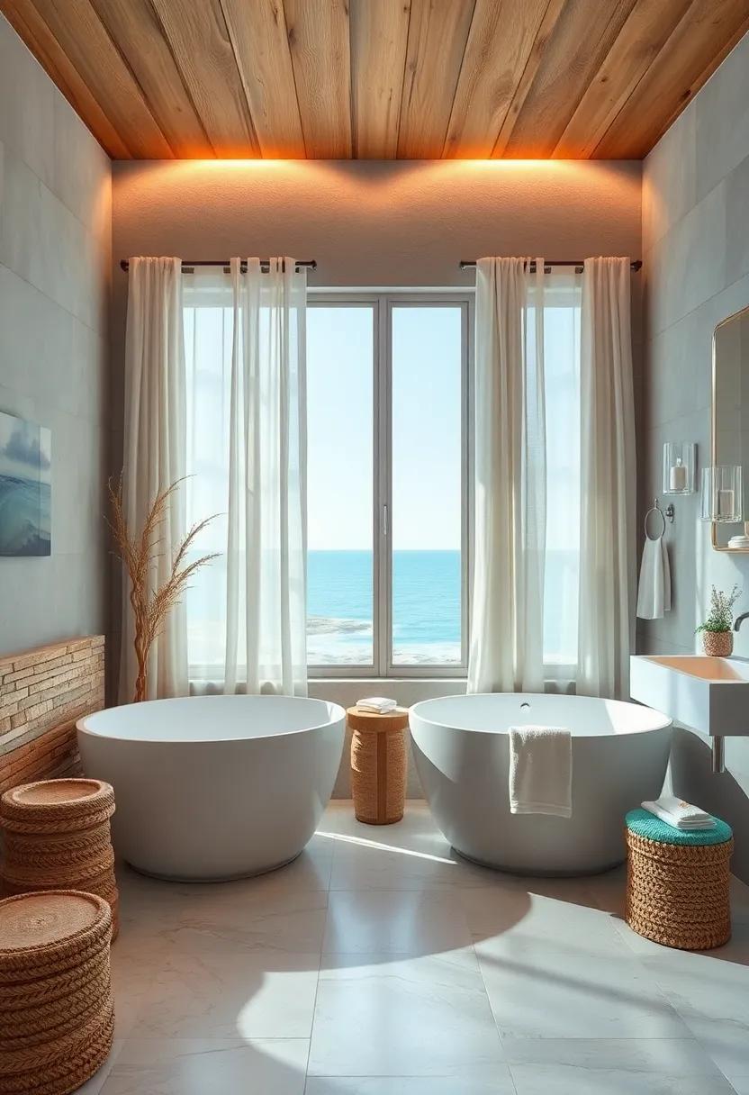 Inviting Bathtubs Surrounded by Driftwood Accents and Flowing Linen Drapes for Coastal Luxury