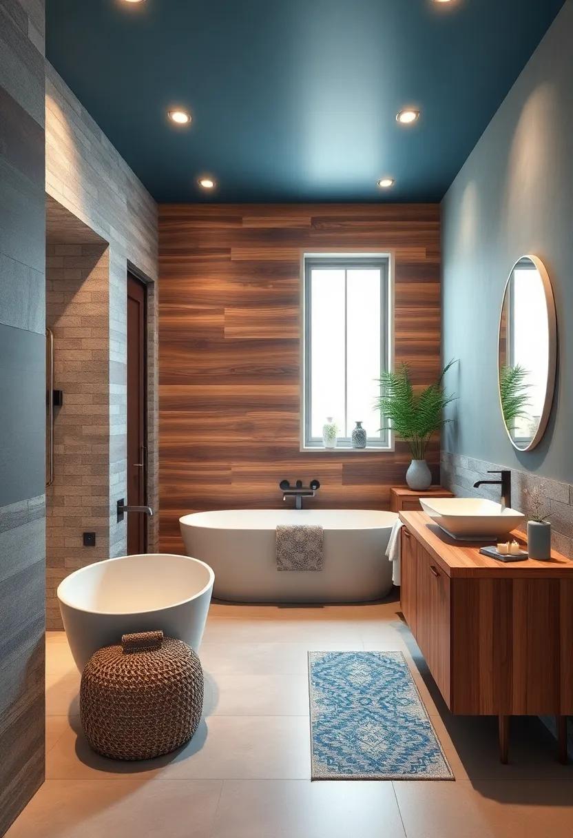 Mixing Warm Woods and Cool Blues for Serene Transitional Coastal Bathroom Design Vibes