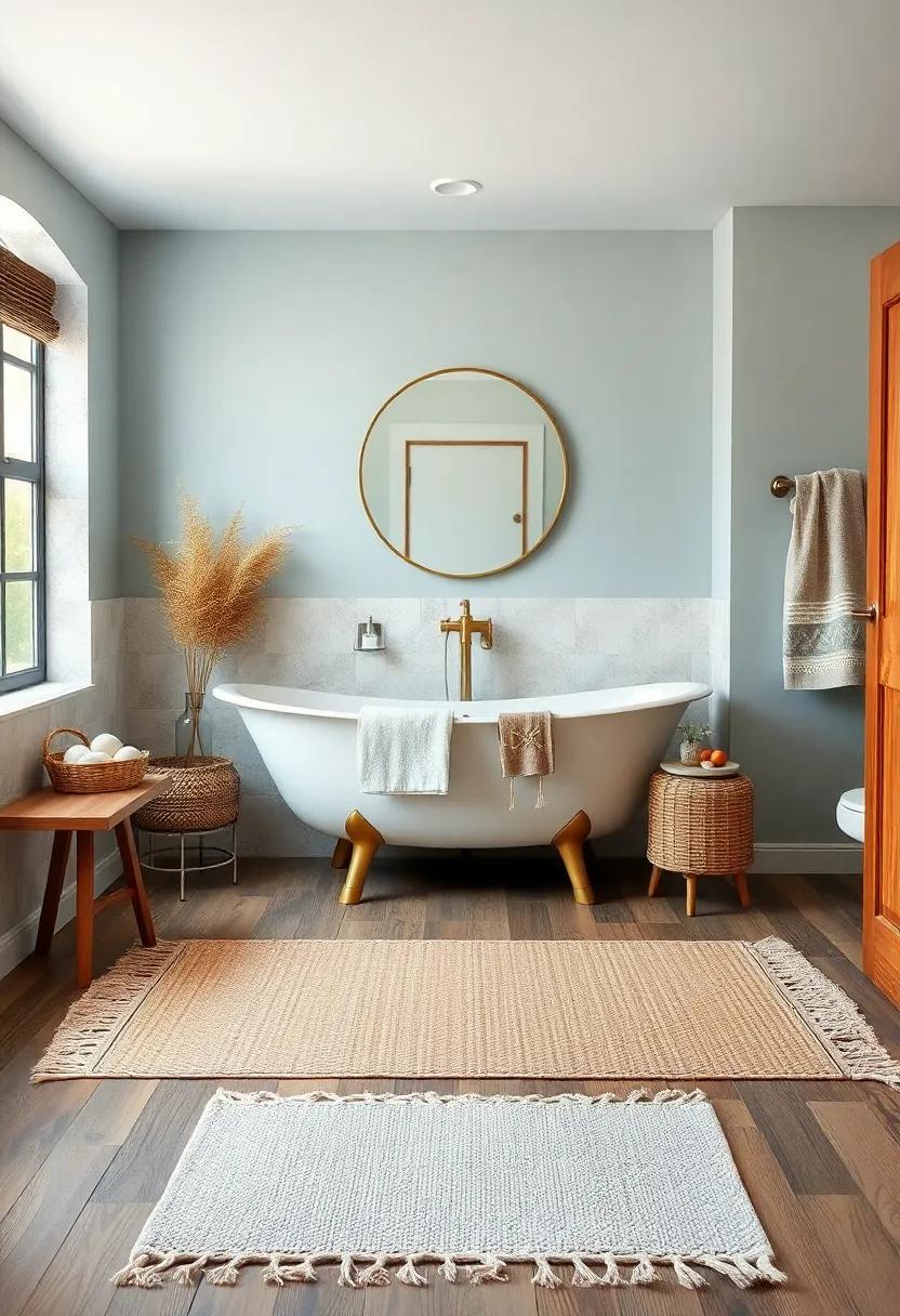 Natural Fiber Rugs Layered Over Weathered Hardwood Floors Under Soft Blue Wall Hues