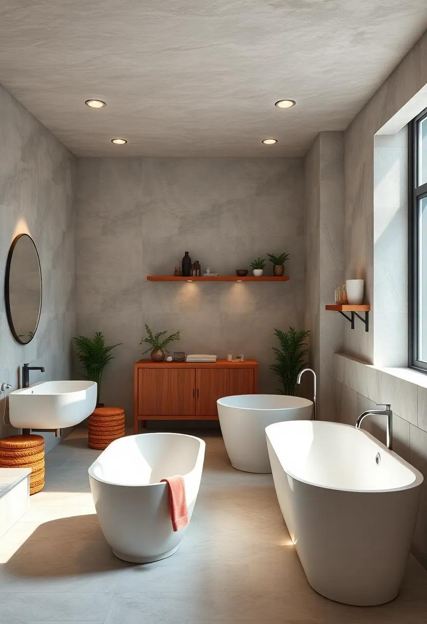 Organic Curves of Vintage Bathtubs Contrasted by Clean Geometric Shelving and Fixtures