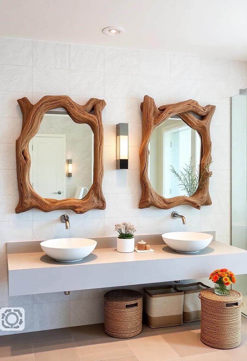 Rustic Driftwood Mirrors Framing Sleek Vessel Sinks for a Coastal Yet Refined Look