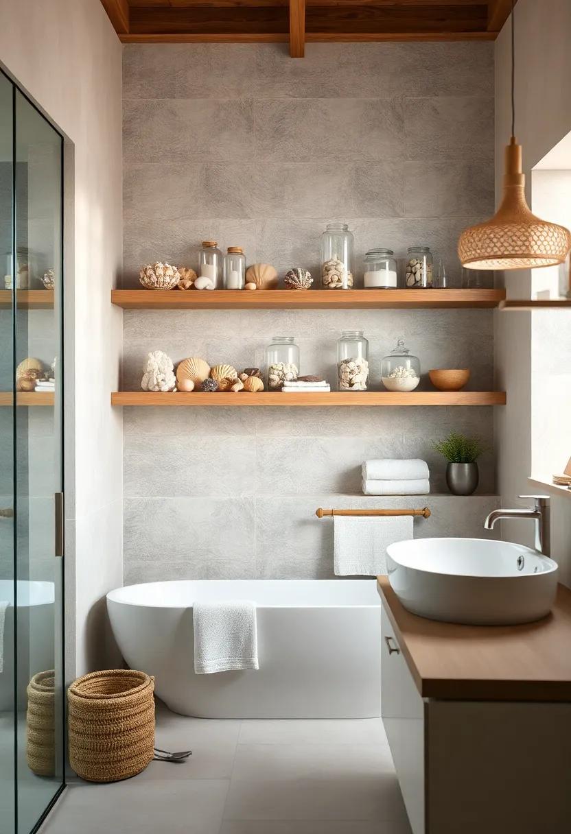 Shelves Displaying Curated Seashell Collections and Vintage Glass Jars Alongside Modern Linens