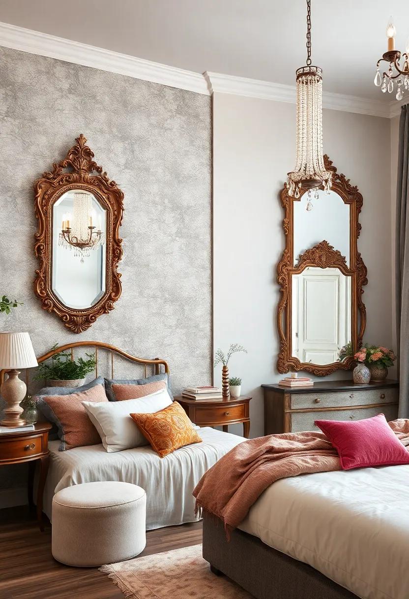 Antique Venetian Mirrors Highlighted by Crystal Chandeliers in Vintage Bedroom Corners
