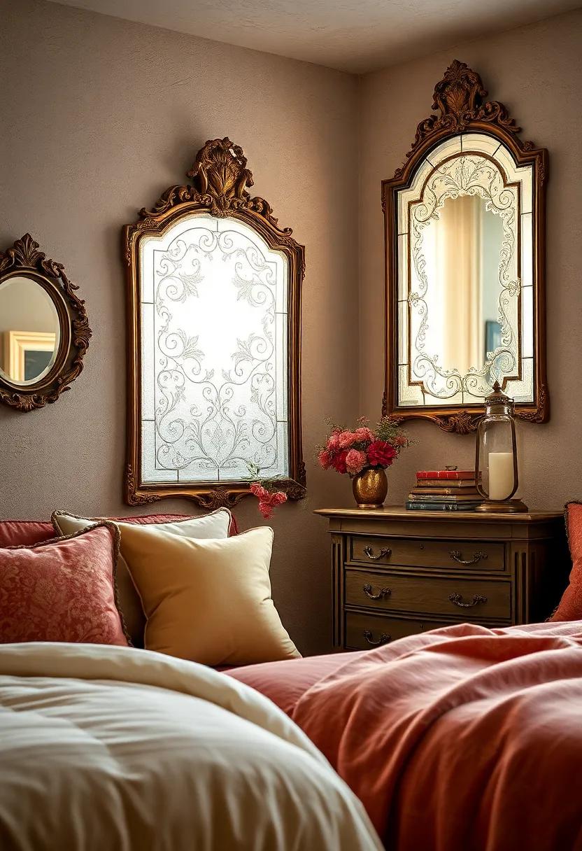 Antique Mirrors with Etched Glass Patterns Adding Romantic Flair to Vintage Bedroom Nooks