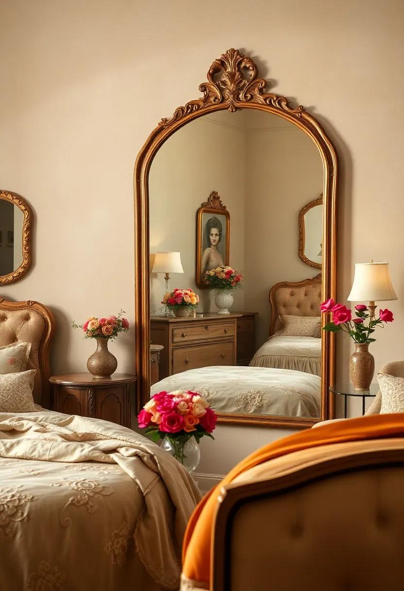 Antique Mirror Reflections Enhancing Vintage Bedroom Spaces Adorned with Fresh Floral Arrangements