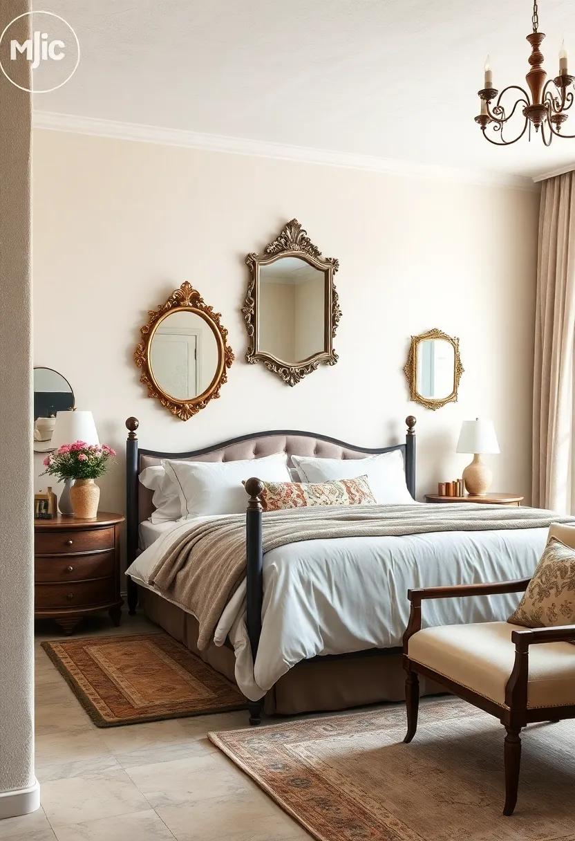 Buttercream Walls and Ornate Antique Mirrors Blending Elegantly in Vintage Bedroom Spaces