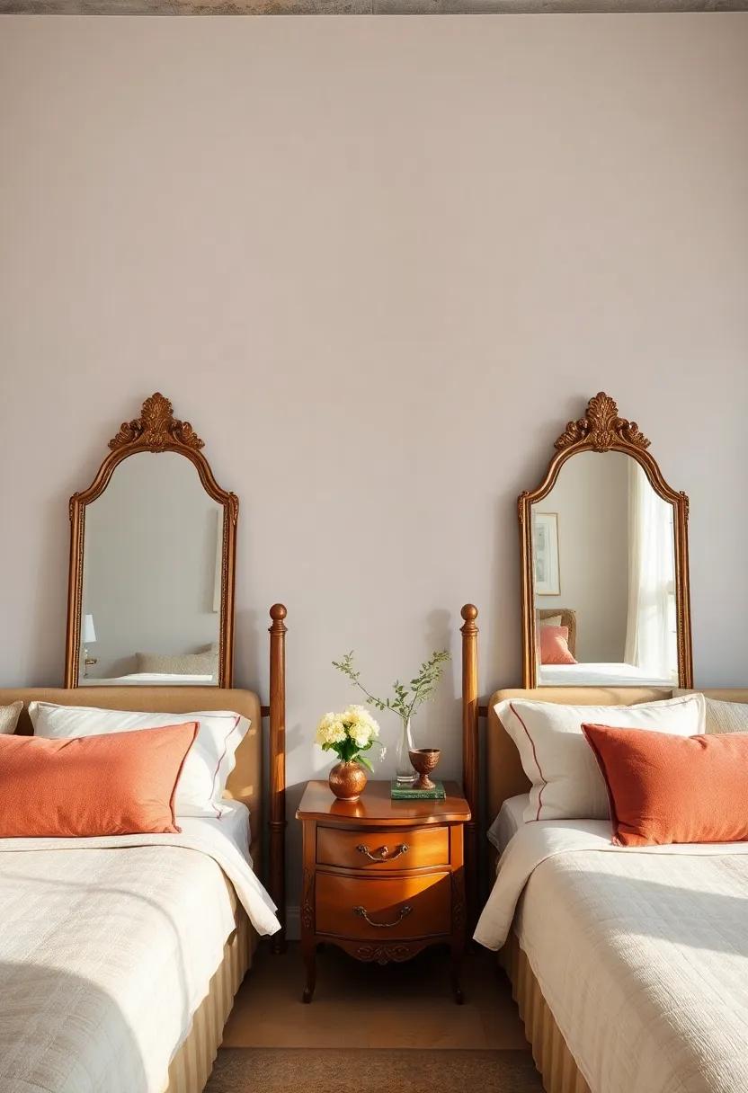 Delightful Symmetry of Paired Antique Mirrors Over Vintage Bedsides With Soft Lighting