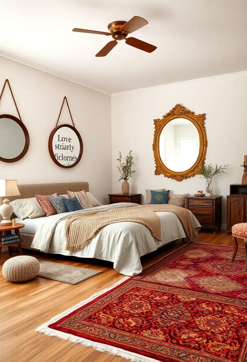 Natural Wooden Floors Complemented by Round Antique Mirrors and Vintage Persian Rugs