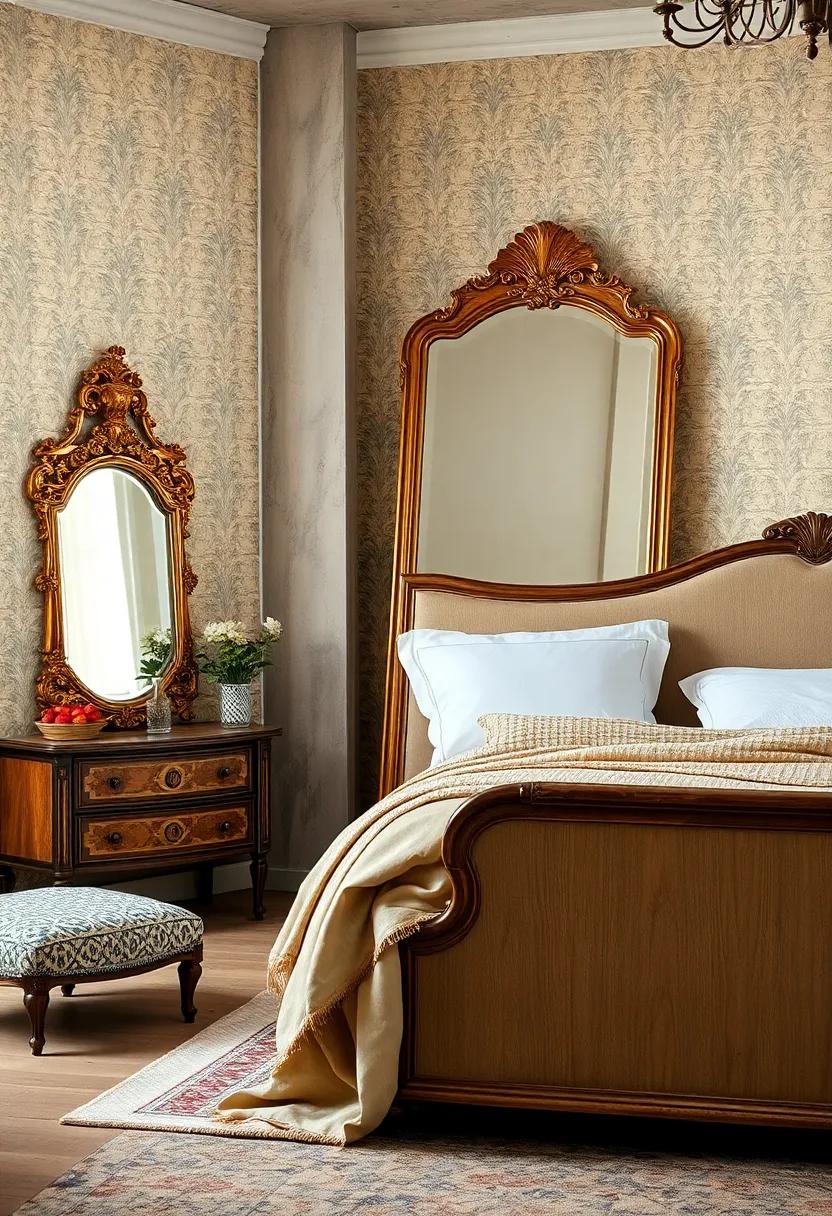 Ornamented Mirrors Leaning Casually Against Vintage Wallpapered Bedroom Walls