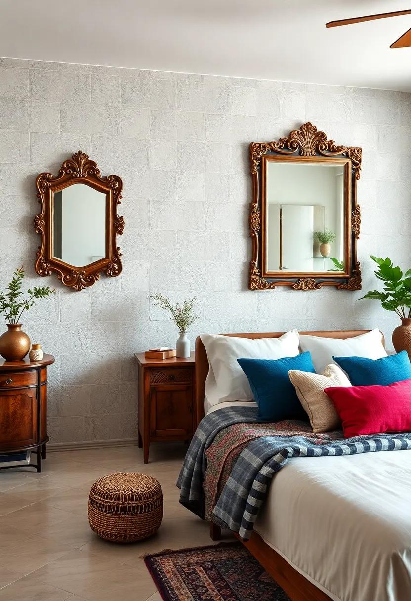 Rustic Wooden Frames of Antique Mirrors Enhancing the Warmth of a Vintage Bedroom