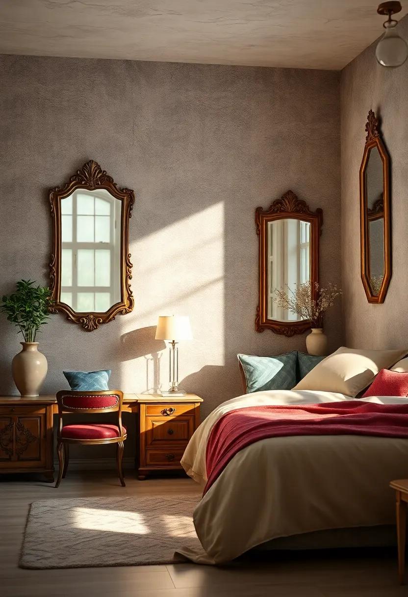 Soft Lighting and Antique Mirror Details Casting Gentle Shadows in Vintage Bedroom Scenes