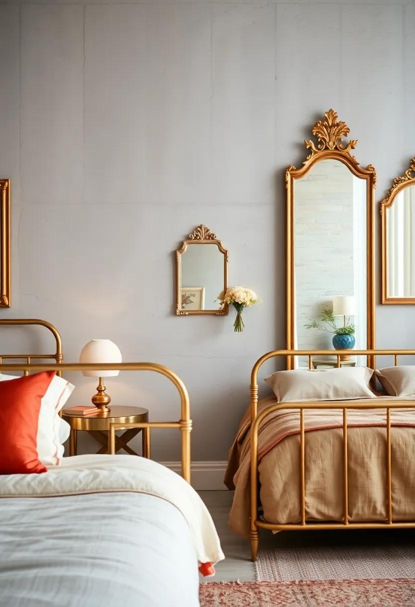 Soft Reflections in Antique Mirrors Highlighting Vintage Brass Bed Frames and Accessories