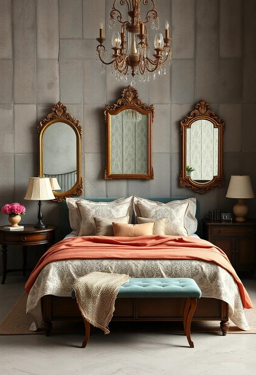 Subtle Reflections of Vintage Lace Bedspreads in Antique Mirrors Enhance Timeless Style