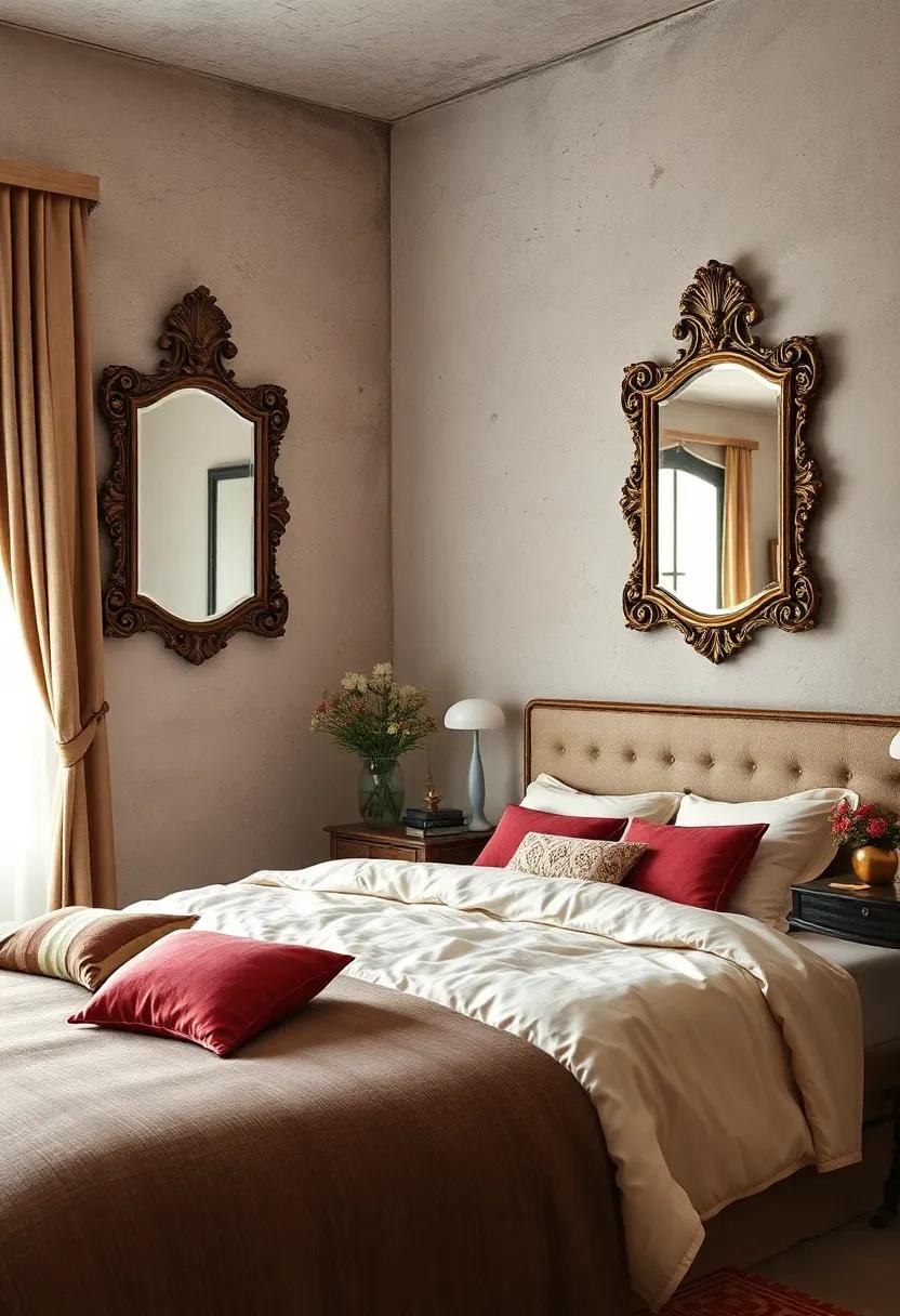 Vintage Bedroom Corners Illuminated by Wall-Mounted Antique Mirrors with Intricate Frames