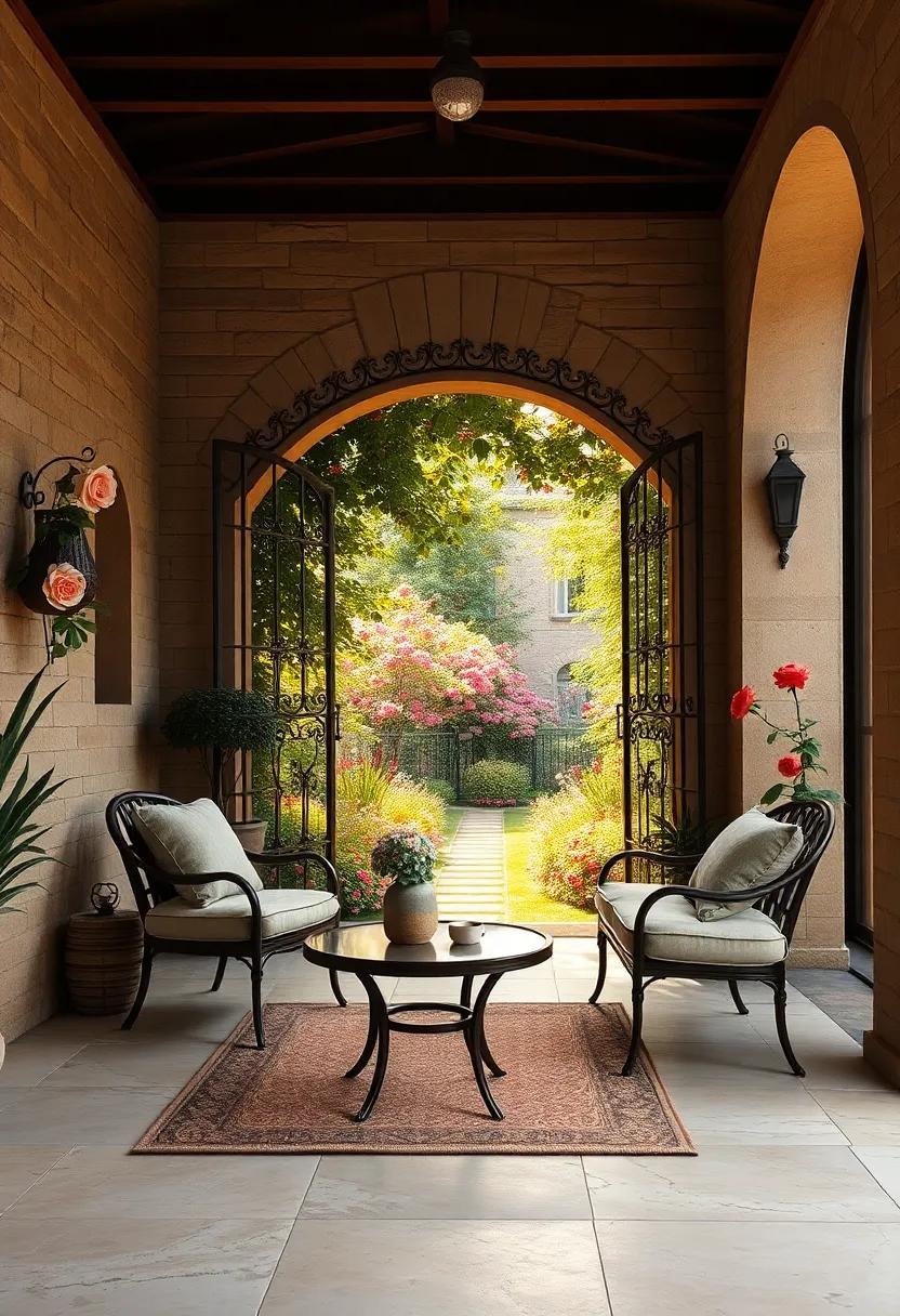 Vintage wrought iron gates framing a lush garden pathway with blooming roses and soft morning light