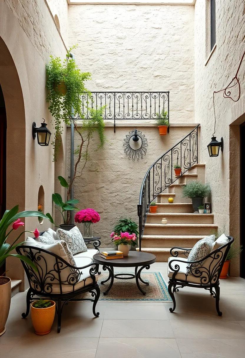 Wrought iron railings with intricate floral motifs bordering a vintage-inspired outdoor staircase