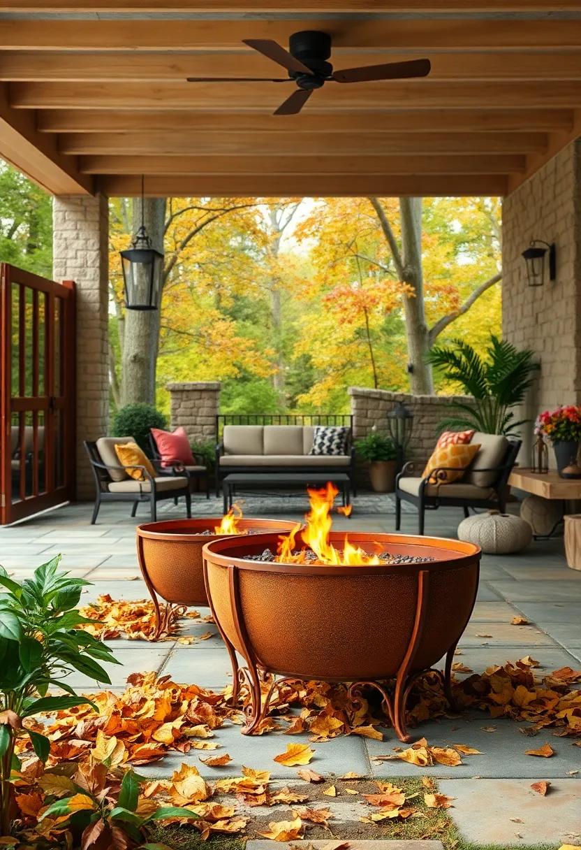 Rust-colored wrought iron fire pits with curling designs nestled among autumn leaves in a woodland yard