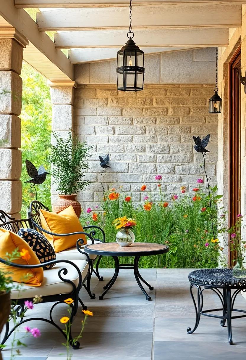 Timeless wrought iron garden sculptures of birds and butterflies in a meadow bursting with wildflowers