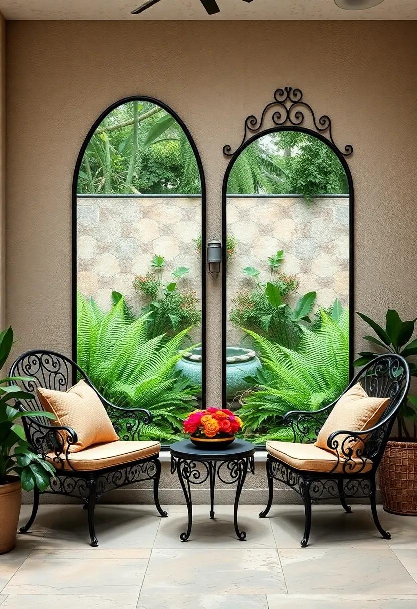 Wrought iron outdoor mirrors with ornate scroll designs reflecting a serene pond surrounded by ferns