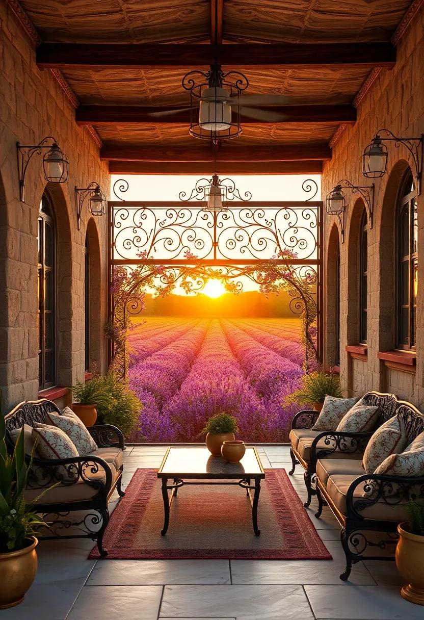 Softly illuminated wrought iron candle holders placed along a stone garden wall during twilight hours