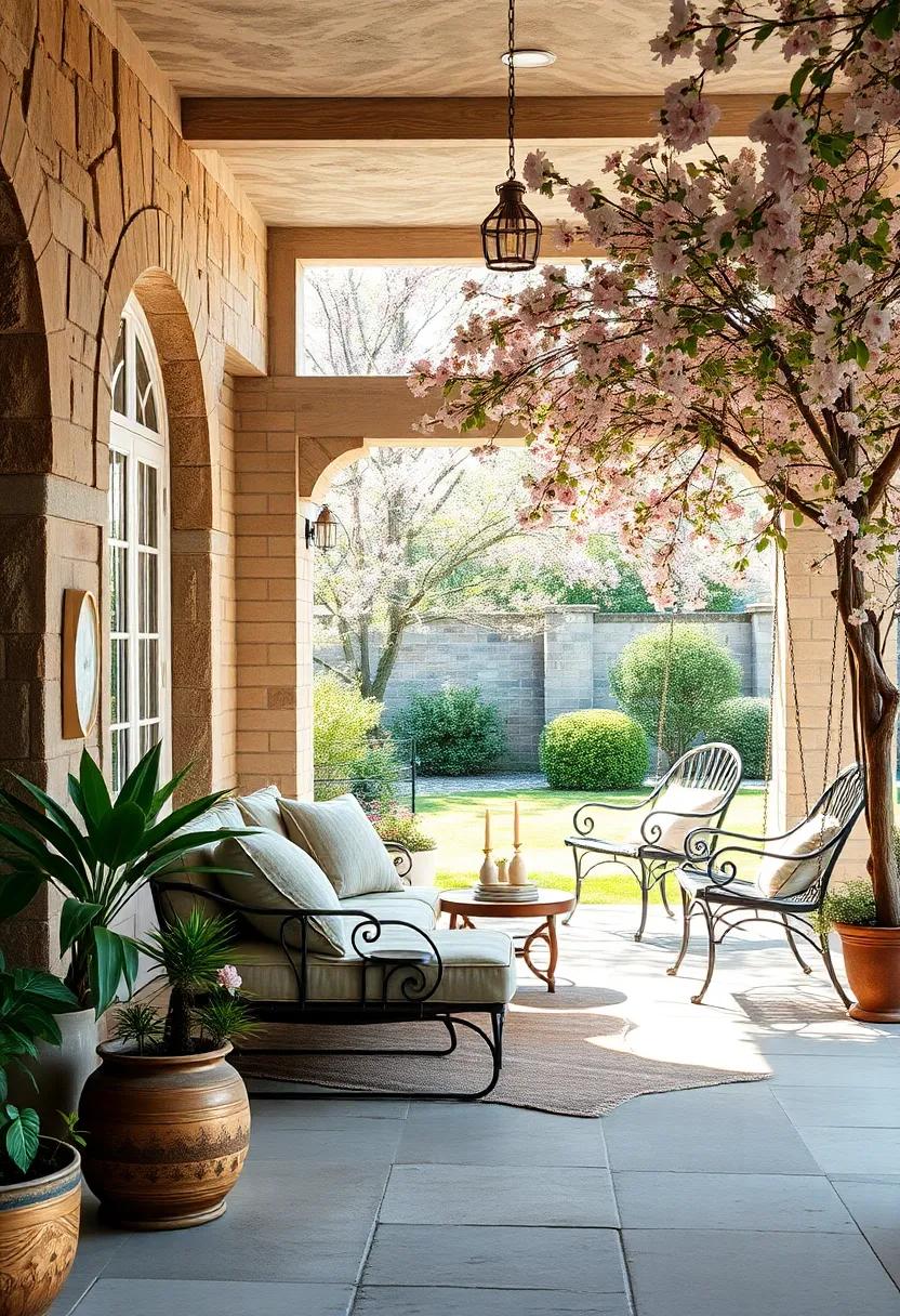Delicately curved wrought iron garden swings hanging from flowering trees in a serene country estate setting