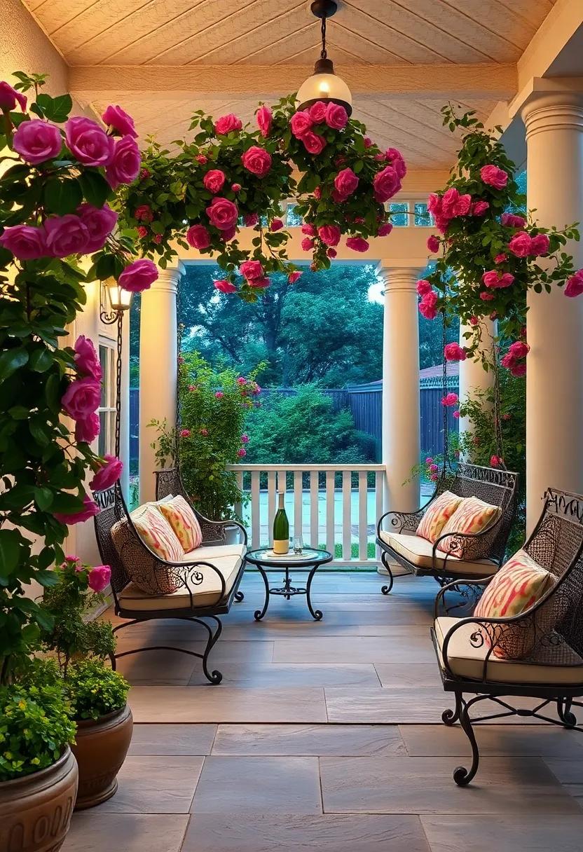 Curved wrought iron porch swings framed by vibrant climbing roses under a twilight sky