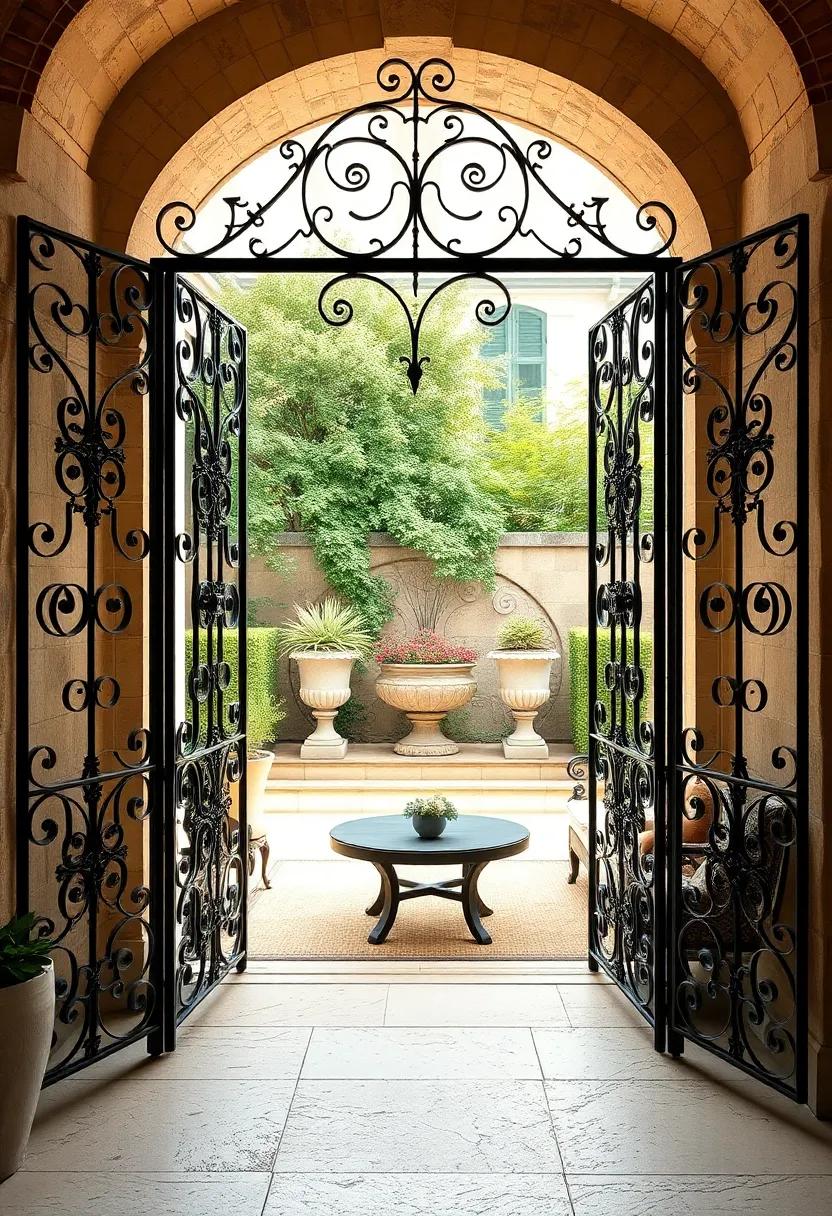 Wrought iron garden gates with heraldic emblems opening to reveal an elegant terrace with antique urns