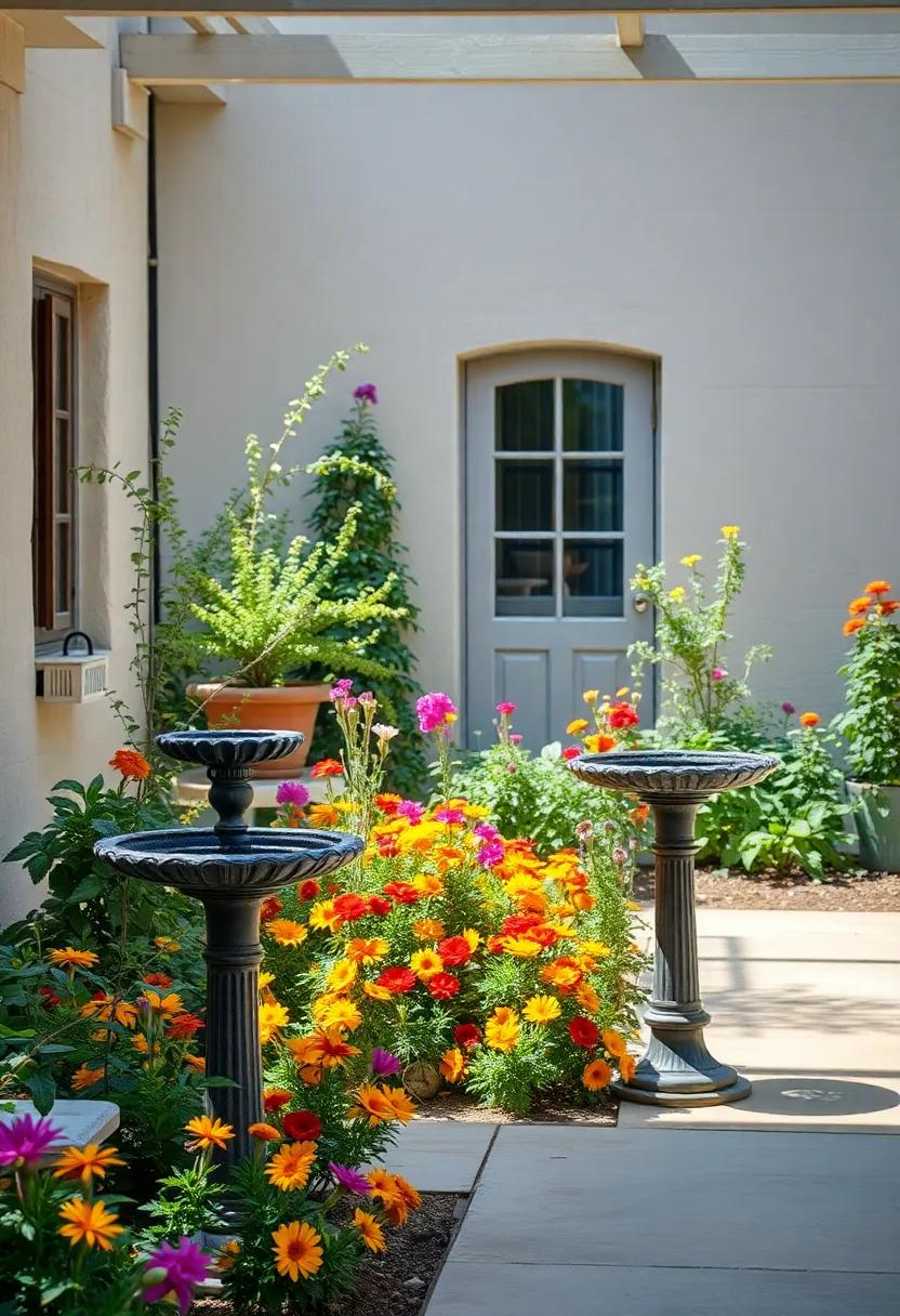Classic wrought iron birdbaths as focal points in a sun-dappled garden filled with vibrant wildflowers