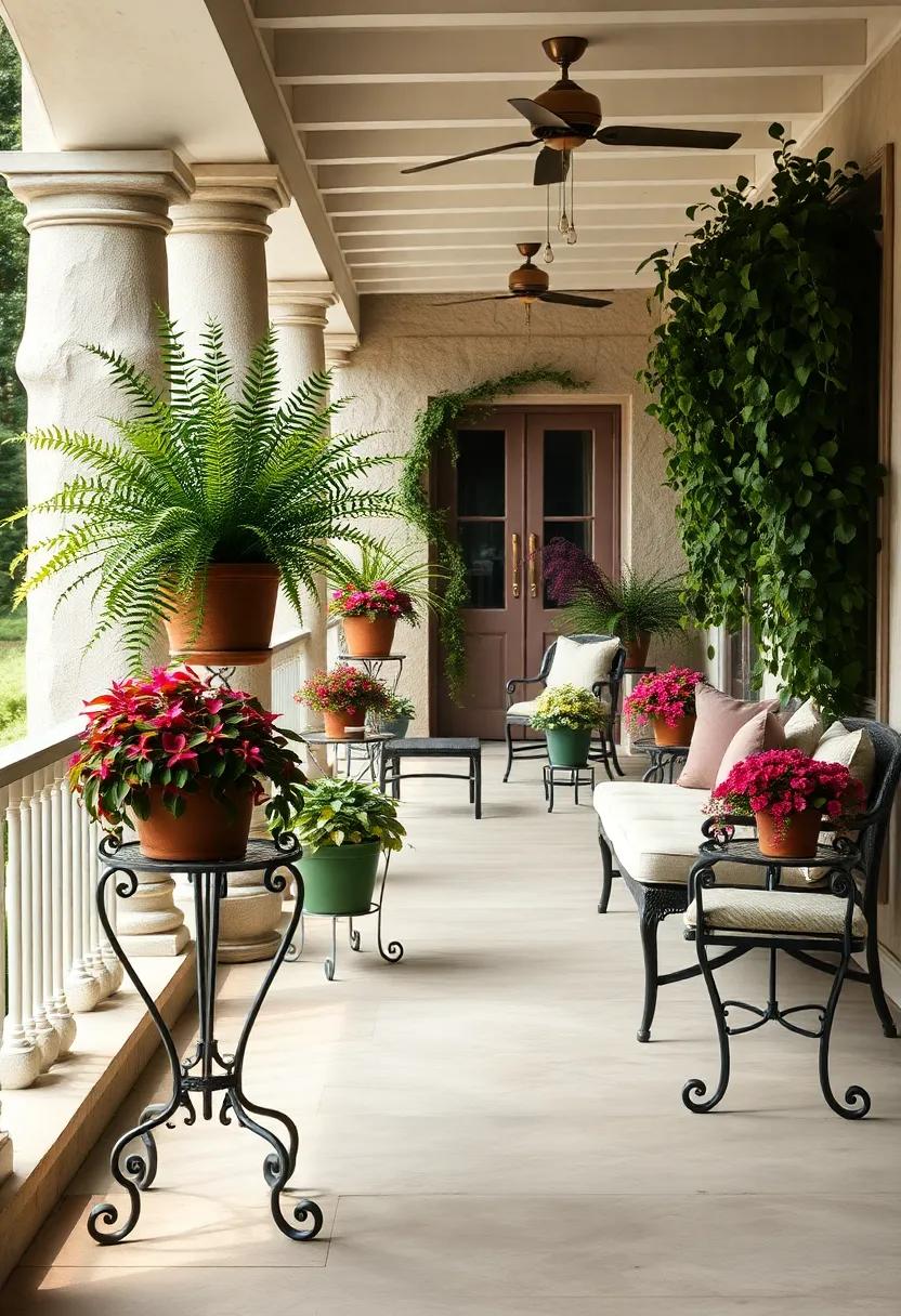 Painted wrought iron plant stands showcasing colorful potted ferns and cascading ivy on a veranda