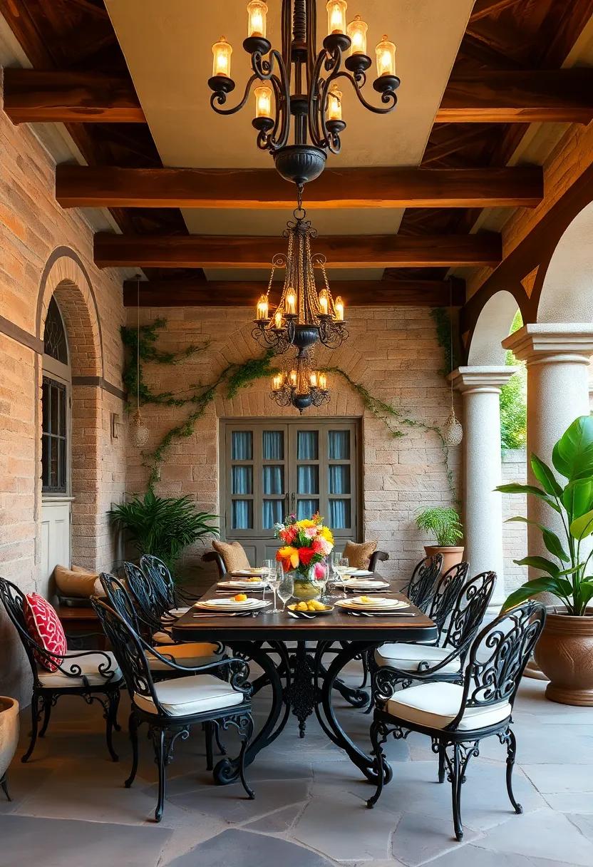 Elaborate wrought iron chandeliers suspended from wooden beams above a vintage-style garden luncheon table