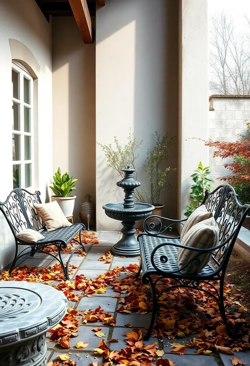 Rustic wrought iron garden benches surrounded by fallen autumn leaves beside a trickling water fountain