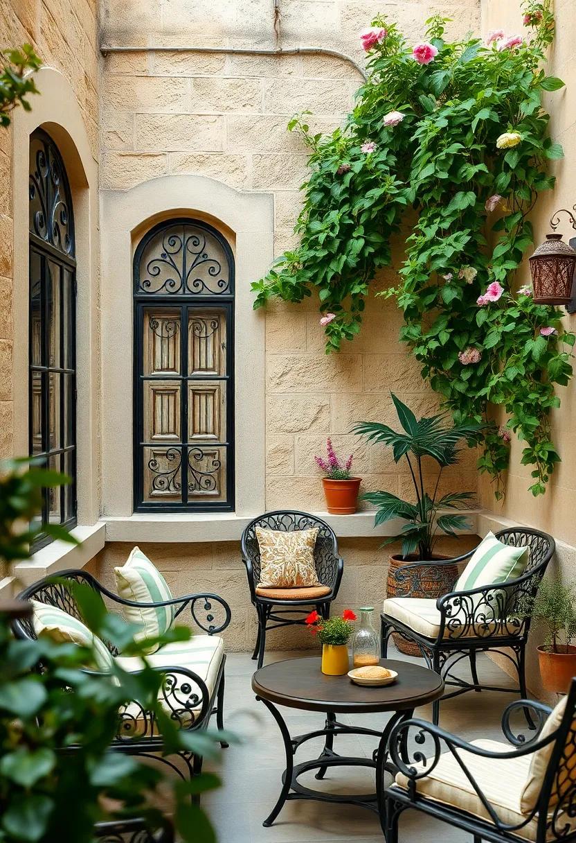 Intricately designed wrought iron window grilles adorned with climbing clematis in a vintage courtyard