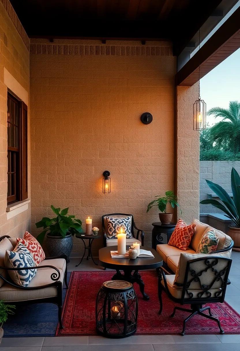 Wrought iron wall sconces with candle accents illuminating a cozy outdoor reading nook at dusk