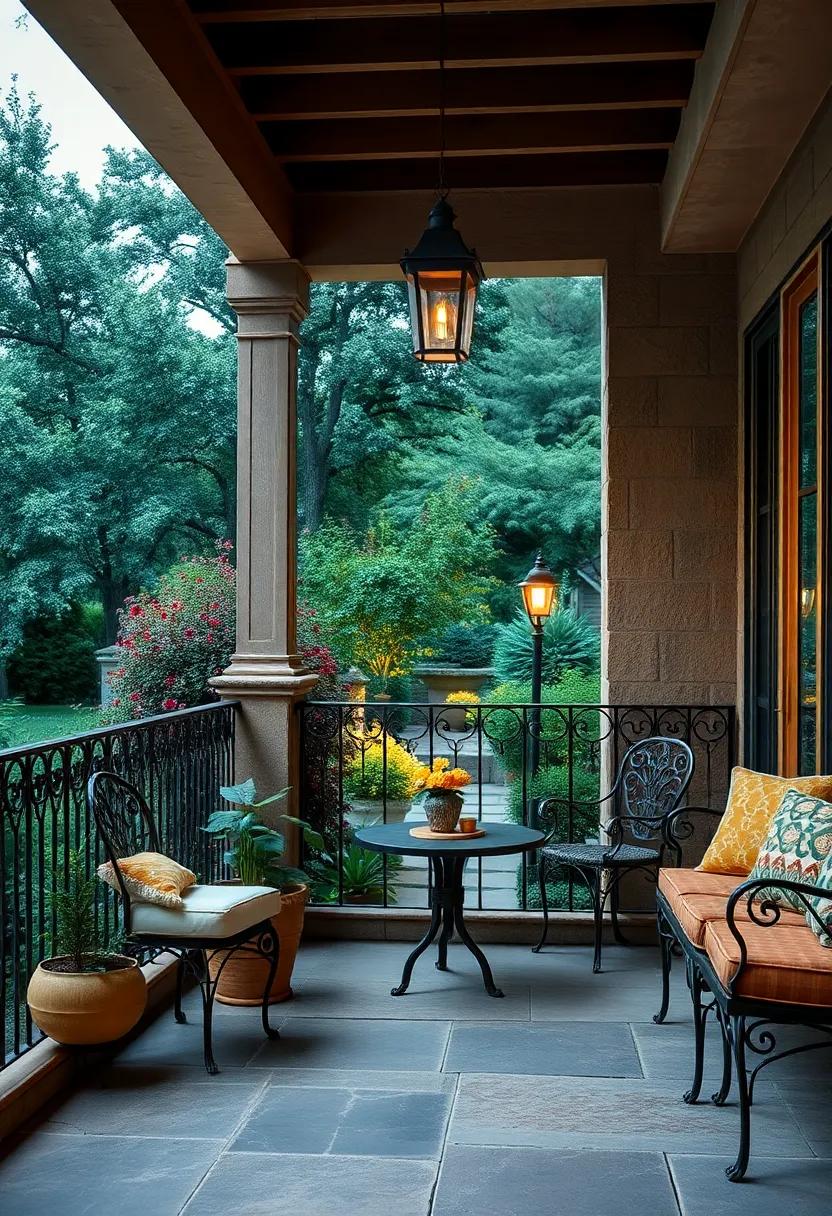 Wrought iron porch railings with Victorian-inspired filigree overlooking a lamp-lit vintage garden path