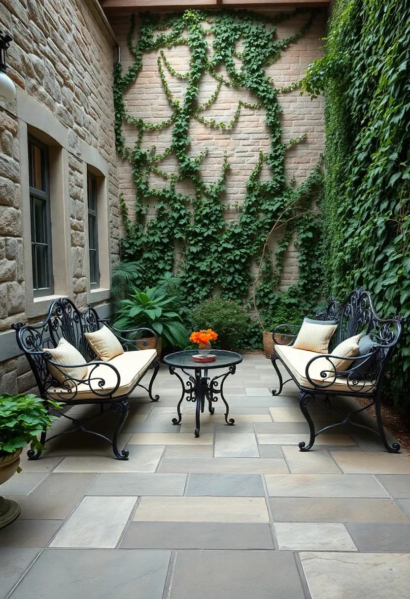 Delicate scrollwork patterns on wrought iron benches set against a rustic stone patio surrounded by ivy