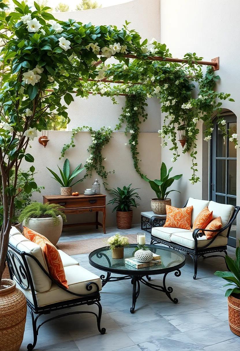 Elegant wrought iron trellises entwined with climbing jasmine flowers in a tranquil backyard retreat