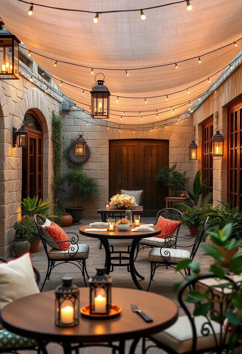 Wrought iron lanterns casting warm glows over a cozy outdoor dining space draped with fairy lights