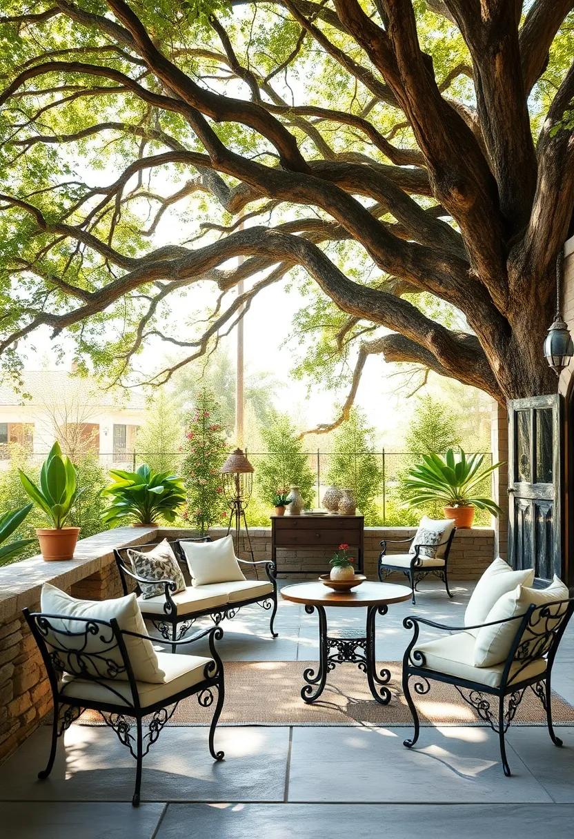 Antique wrought iron chairs and tables arranged under a sprawling oak tree with dappled sunlight