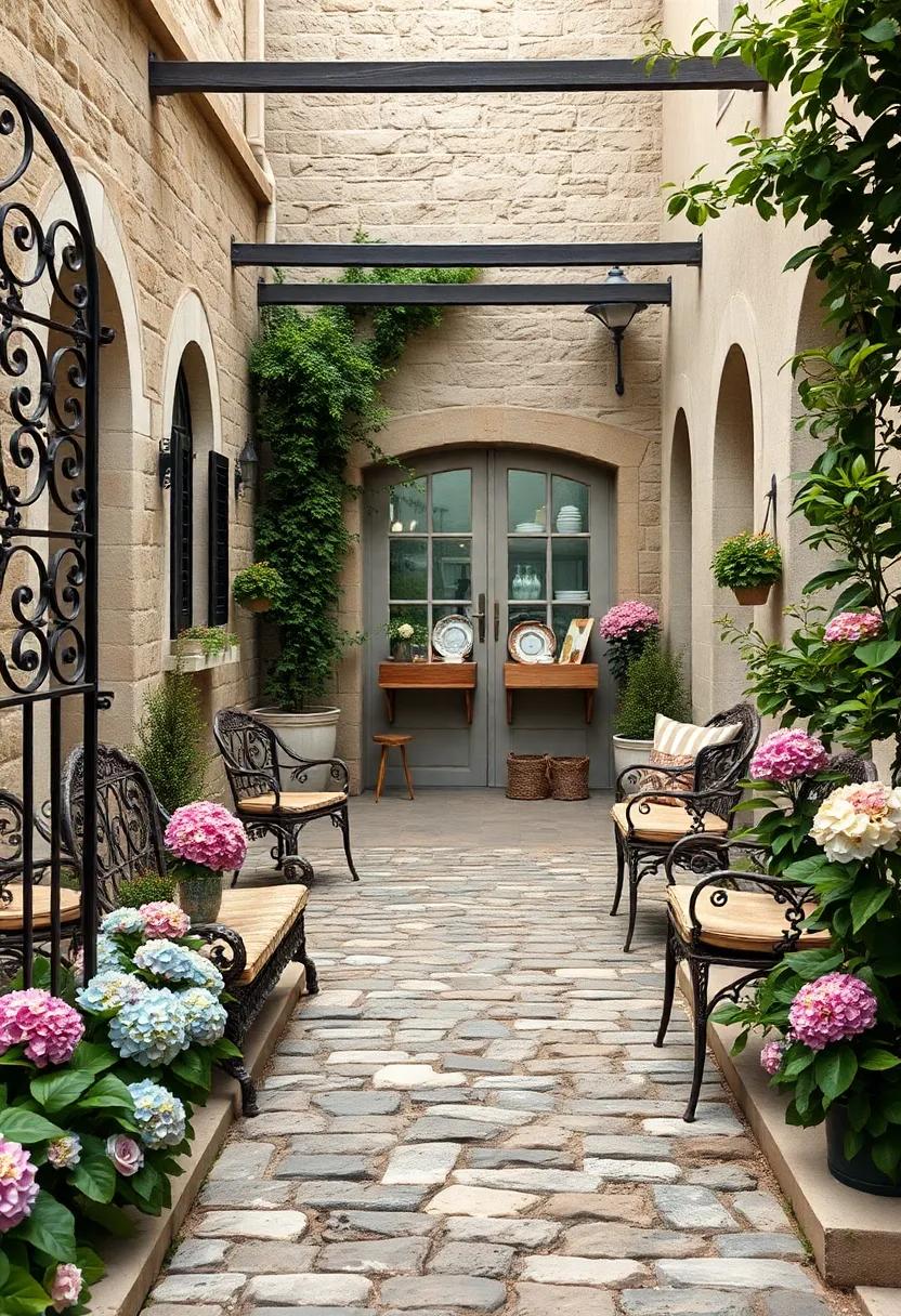 Detailed wrought iron fencing with repeating heart motifs along a quaint cobblestone pathway lined with hydrangeas