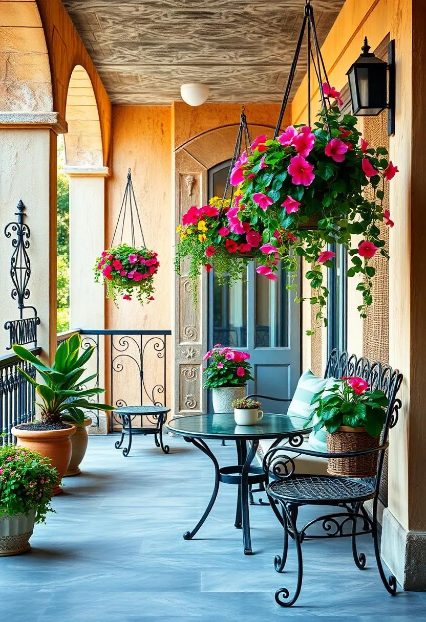 Vintage wrought iron hanging baskets overflowing with petunias and trailing vines on a sunlit balcony