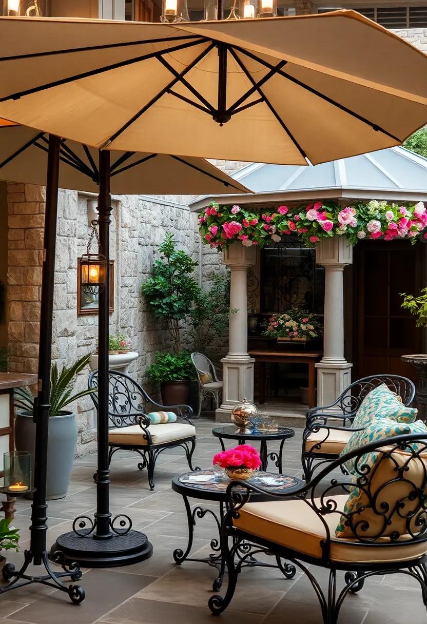 Rustic wrought iron umbrellas stands with classic patterns standing beside a floral-covered gazebo