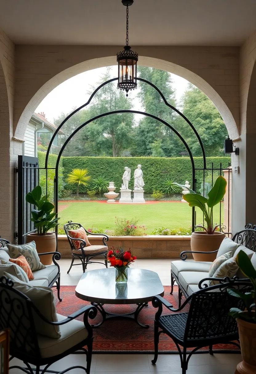 Classic black wrought iron garden arches framing views of a manicured lawn and vintage stone statues